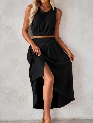 luvamia Two Piece Skirt Sets for Women Smocked Crop Top High Waisted High Low Split Maxi Skirt Co Ord Matching Dress Set in Saudi Arabia