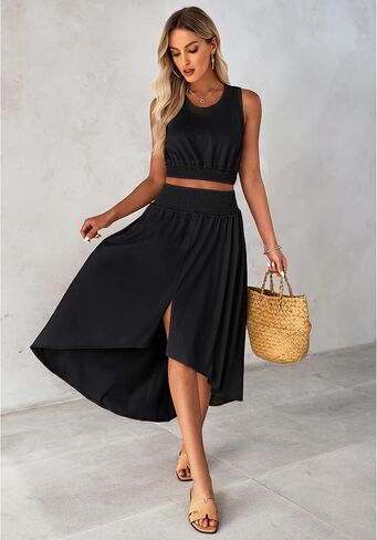 luvamia Two Piece Skirt Sets for Women Smocked Crop Top High Waisted High Low Split Maxi Skirt Co Ord Matching Dress Set in Saudi Arabia
