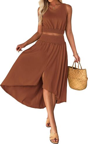 luvamia Two Piece Skirt Sets for Women Smocked Crop Top High Waisted High Low Split Maxi Skirt Co Ord Matching Dress Set in Saudi Arabia