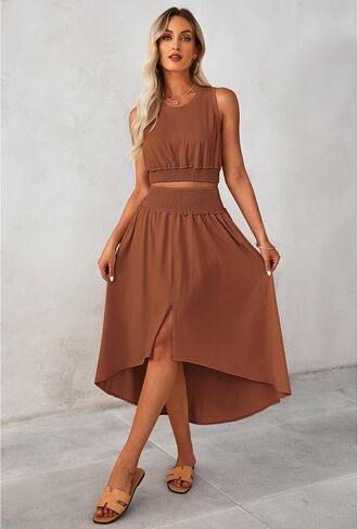 luvamia Two Piece Skirt Sets for Women Smocked Crop Top High Waisted High Low Split Maxi Skirt Co Ord Matching Dress Set in Saudi Arabia