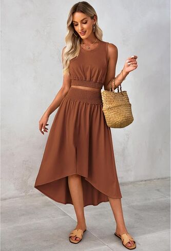 luvamia Two Piece Skirt Sets for Women Smocked Crop Top High Waisted High Low Split Maxi Skirt Co Ord Matching Dress Set in Saudi Arabia