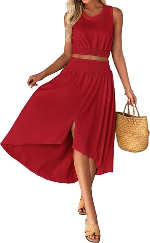 luvamia Two Piece Skirt Sets for Women Smocked Crop Top High Waisted High Low Split Maxi Skirt Co Ord Matching Dress Set in Saudi Arabia