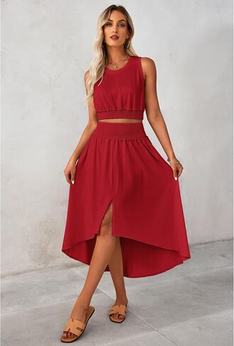 luvamia Two Piece Skirt Sets for Women Smocked Crop Top High Waisted High Low Split Maxi Skirt Co Ord Matching Dress Set in Saudi Arabia