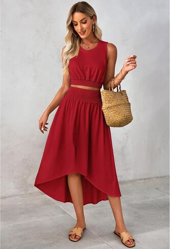 luvamia Two Piece Skirt Sets for Women Smocked Crop Top High Waisted High Low Split Maxi Skirt Co Ord Matching Dress Set in Saudi Arabia