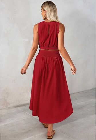 luvamia Two Piece Skirt Sets for Women Smocked Crop Top High Waisted High Low Split Maxi Skirt Co Ord Matching Dress Set in Saudi Arabia