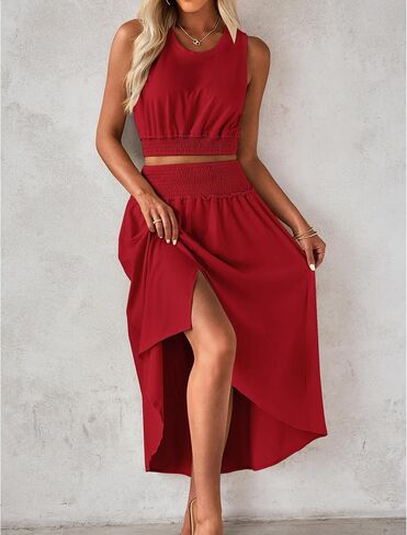 luvamia Two Piece Skirt Sets for Women Smocked Crop Top High Waisted High Low Split Maxi Skirt Co Ord Matching Dress Set in Saudi Arabia