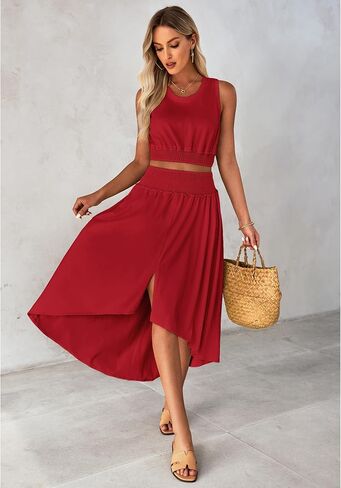 luvamia Two Piece Skirt Sets for Women Smocked Crop Top High Waisted High Low Split Maxi Skirt Co Ord Matching Dress Set in Saudi Arabia
