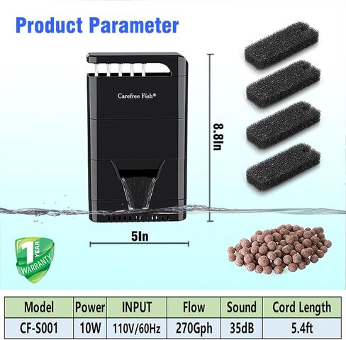 Carefree Fish Quiet Turtle Tank Filter 270Gph Sponge Filter with 4 Bio-Filter Sponges and a Pack of Bio Balls for 5-50 Gal Reptiles/Amphibians/Frog/Cichlids in Kuwait