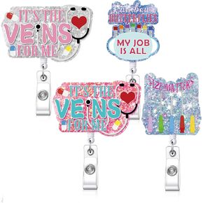Geyee 4 Pack Nurse Phlebotomy Badge Reel Large Funny Bling Phlebotomist Badge Clips Gifts Cute Phlebotomist Nursing ID Holder Accessories Supplies for Office Hospital Work, Medical Assistant