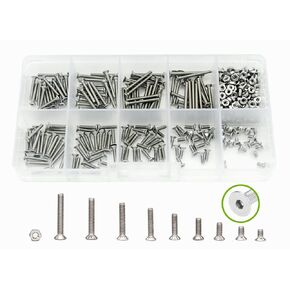 360Pcs Metric M2.5 304-Stainless Steel Flat- Head Hex Socket Cap Bolts Screws Nuts Assortment Kit- M2.5 x 4mm/ 6mm/ 8mm/ 10mm/ 12mm/ 14mm/ 16mm/ 18mm/ 20mm