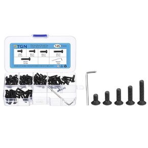 125Pcs M3 x 8mm /10mm /12mm /16mm /20mm Flat Head Hex Socket Cap Screws Bolts Kit with Wrench, Carbon Steel Black Oxide, Full Thread, Countersunk Bolts