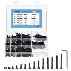 DTGN 720Pcs M4 Metric Screw Assortment, Bolts and Nuts Kit, 12.9 Grade Steel M4x6/8/10/12/16/20/25/30/35/40/45/50mm Hex Socket Head Cap Screws Bolt Set with Wrench, Washers