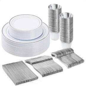 BESTVIP 600PCS Plastic Dinnerware Set (100 Guests), Clear Gold Disposable Plates for Party, Wedding, Anniversary, Includes: Dinner Plates, Dessert Plates, Cups, Spoons, Forks and Knives