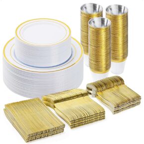 BESTVIP 600PCS Plastic Dinnerware Set (100 Guests), Clear Gold Disposable Plates for Party, Wedding, Anniversary, Includes: Dinner Plates, Dessert Plates, Cups, Spoons, Forks and Knives