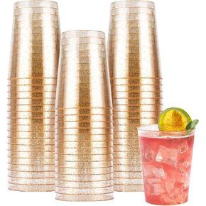 50PCS 14oz Glitter Plastic Cups for Party, Disposable Gold Plastic Cups, Plastic Cocktail Glasses for Wedding Thanksgiving, Christmas, and Parties