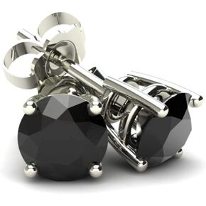 14k White or Yellow Gold 1 1/2 Ct T.W. Round-Cut Black Diamond Studs Women's Earrings High Polished Classic Mounting