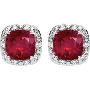Genuine 10K White Gold Birthstone Earrings with Natural Diamond Halo Studs - 5mm Gemstone Cushions - Secure Nut and Post Clasp - For Women and Girls
