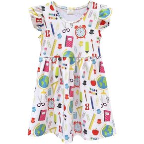 Girls Flutter Sleeve Back to School Fun Supplies Print Dresses Children Summer Clothes Milksilk 3-7 Years