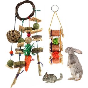 HOSUKKO 2PCS Rabbit Chew Toys, Bunny Guinea Pig Grinding Tooth Toys Teeth Care Molar Tool for Small Pets Dental Health Small Animal Hanging Toys for Playing Chewing (2PCS - Bunny Toys)