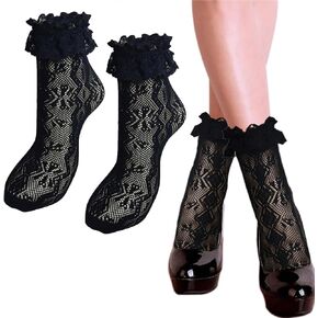 AWOCAN Women Lace Ruffle Socks Ankle Socks Mesh Design Fashion Socks Elastane Knee High Stockings for Women Girl