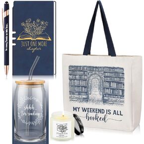 Set of 5 Book Lovers Gifts Teacher Appreciation Include 16oz Drinking Glass with Lid Straw Scented Candle Canvas Tote Bag A6 Journal with Ballpoint Pen for Christmas Student Reader(Green)