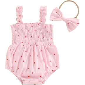 VSQWLZT Infant Baby Girl Sleeveless Strap Bubble Romper Summer Linen Onesie One Piece Ruched Floral Bodysuit + Headband