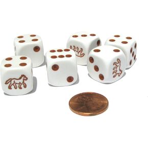 Set of 6 Horse 16mm D6 Round Edged Koplow Animal Dice - White with Brown Pips