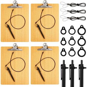 4 Pcs 9 x 12.5 Inch Wood Clipboards with Pen Attached Include 10 Sets 24 Inch Pen Leash and Pen Rubber Ring Metal Buckles Clips Attaches to Clipboard or Notebook