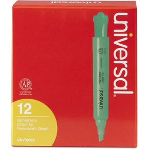 Universal Desk Highlighters, Fluorescent Green Ink, Chisel Tip, Green Barrel, Dozen