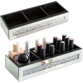 SHYFOY 2 Pack Mirrored Drawer Organizer Tray, 3 Compartment Crushed Diamond Glass Makeup Tray Organizer for Vanity, Office Shallow Drawer Organizer, 9 3/4" L x 3 3/4" W x 2" H in Kuwait