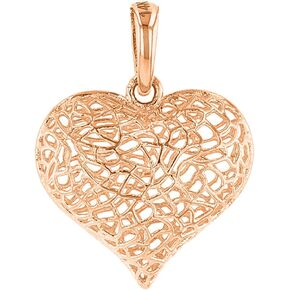 Textured 14k Rose Gold Puffed Filigree Heart Charm Pendant