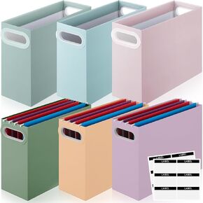 6 Pcs Hanging File Organizer Cardboard File Folder Organizer Small Storage Box Collapsible File Box with Handle with 12 Pcs Writable Labels for Office School Home, Morandi Color