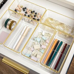 Martha Stewart Kerry Plastic Stackable Office Desk Drawer Organizers, 3" x 3", 12 Pack, with Gold Trim