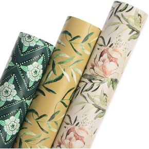 Ribbli Floral Birthday Wrapping Paper Mini Roll, 3 Rolls Sage Green Vintage Flower Mother’s Day Gift Wrap for Women Girl Friend Wedding - 17 inch x 120 inch(10feet) Per Roll