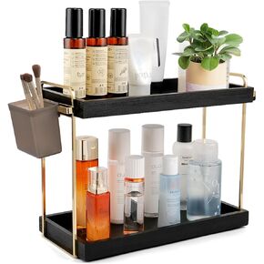 WILLKOMMEN 2 Tier Bathroom Counter Organizer, Wood Bathroom Storage Shelf, Spice Rack for Kitchen Countertop Vanity Tray Makeup Storage Coffee Station Organizer-Black