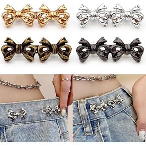 4Sets Cute Metal Bows Buttons,Detachable Adjustable Bow Jean Buttons For Loose Jeans No Sewing Required Reusable Bowknot Button Pant Waist Tightener Button Pins For Pants Skirts Dress Sweaters Clothes