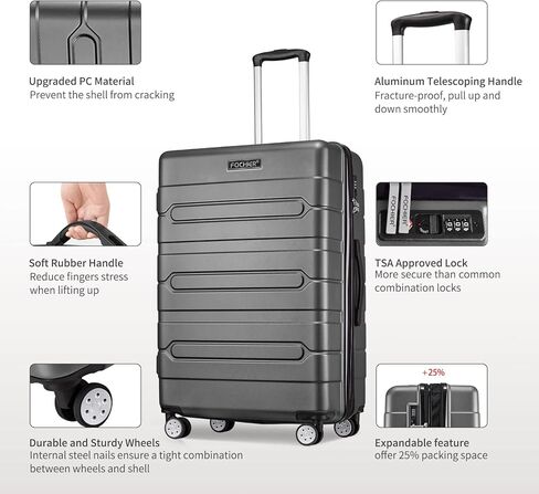 FOCHIER F Hardside Carry On Luggage 22x14x9 معتمدة من شركة الطيران مع قفل TSA، حقيبة سفر صغيرة قابلة للتوسيع مع عجلات دوارة للرجال والنساء، رمادي in Kuwait