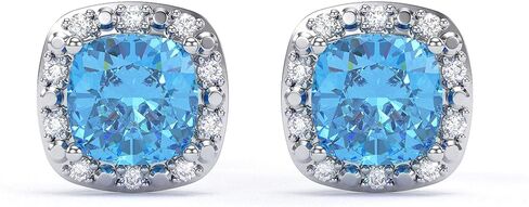 Genuine 10K White Gold Birthstone Earrings with Natural Diamond Halo Studs - 5mm Gemstone Cushions - Secure Nut and Post Clasp - For Women and Girls in Saudi Arabia