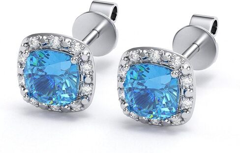 Genuine 10K White Gold Birthstone Earrings with Natural Diamond Halo Studs - 5mm Gemstone Cushions - Secure Nut and Post Clasp - For Women and Girls in Saudi Arabia