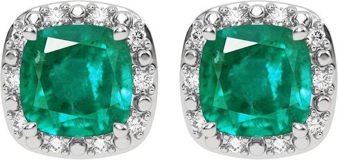Genuine 10K White Gold Birthstone Earrings with Natural Diamond Halo Studs - 5mm Gemstone Cushions - Secure Nut and Post Clasp - For Women and Girls in Saudi Arabia