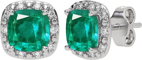 Genuine 10K White Gold Birthstone Earrings with Natural Diamond Halo Studs - 5mm Gemstone Cushions - Secure Nut and Post Clasp - For Women and Girls in Saudi Arabia