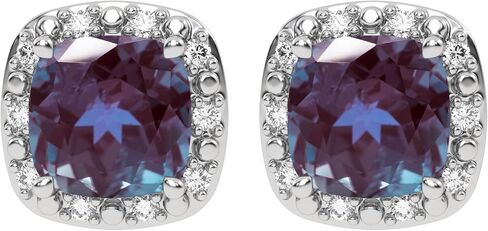 Genuine 10K White Gold Birthstone Earrings with Natural Diamond Halo Studs - 5mm Gemstone Cushions - Secure Nut and Post Clasp - For Women and Girls in Saudi Arabia