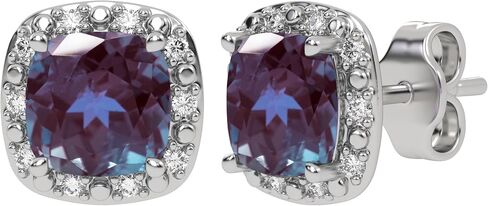Genuine 10K White Gold Birthstone Earrings with Natural Diamond Halo Studs - 5mm Gemstone Cushions - Secure Nut and Post Clasp - For Women and Girls in Saudi Arabia