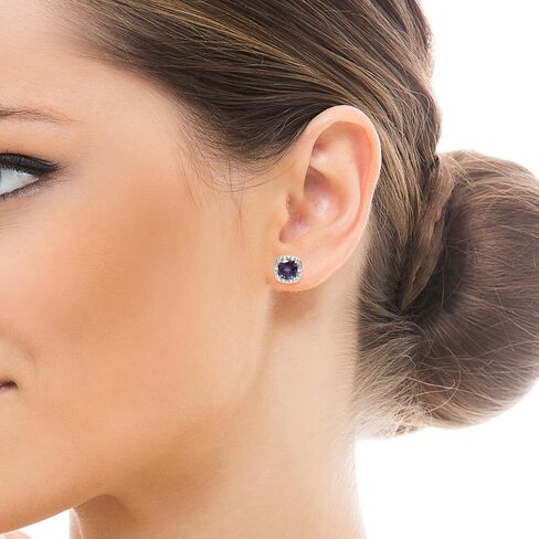Genuine 10K White Gold Birthstone Earrings with Natural Diamond Halo Studs - 5mm Gemstone Cushions - Secure Nut and Post Clasp - For Women and Girls in Saudi Arabia