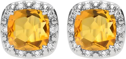 Genuine 10K White Gold Birthstone Earrings with Natural Diamond Halo Studs - 5mm Gemstone Cushions - Secure Nut and Post Clasp - For Women and Girls in Saudi Arabia