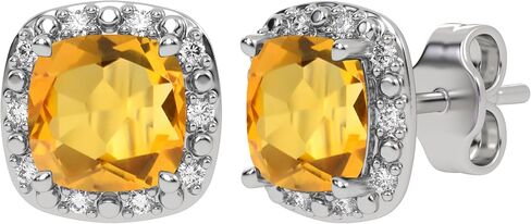 Genuine 10K White Gold Birthstone Earrings with Natural Diamond Halo Studs - 5mm Gemstone Cushions - Secure Nut and Post Clasp - For Women and Girls in Saudi Arabia