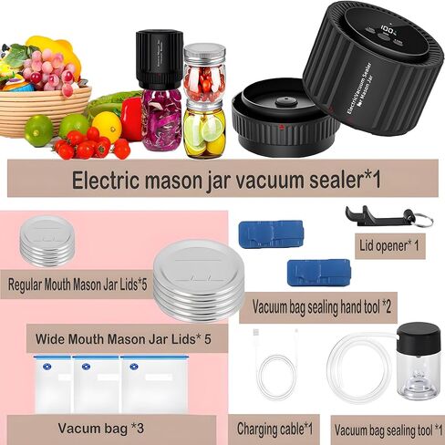 Mason Jar Vacuum Sealer,Electric Mason Jar Vacuum Sealer Kit for Wide&Regular Mouth Mason Jars Vacuum Bags Wine Bottle-Jar Vacuum Sealer for Mason Jars-Canning Vacuum Sealer Mason Jar for Food Storage in Saudi Arabia
