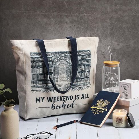 Set of 5 Book Lovers Gifts Teacher Appreciation Include 16oz Drinking Glass with Lid Straw Scented Candle Canvas Tote Bag A6 Journal with Ballpoint Pen for Christmas Student Reader(Green) in Saudi Arabia