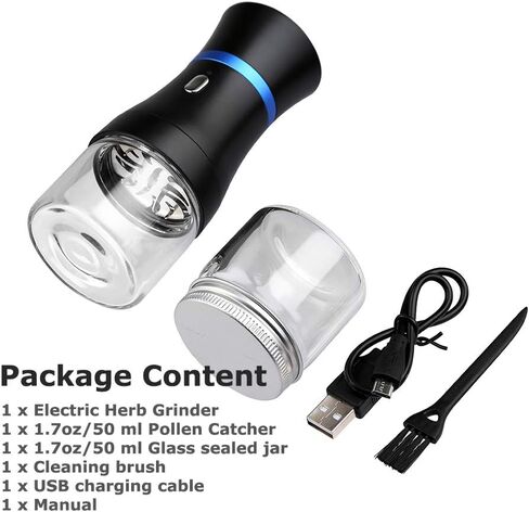 Electric Grinder Spice Herb Grinder USB-Rechargeable, 2pcs 1.7oz Glass Herb Chamber - Mini Portable (Black & Blue Ring) in Kuwait