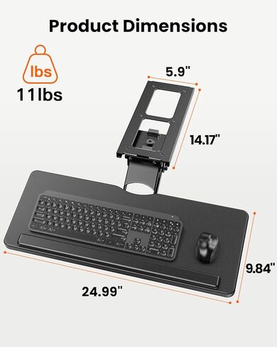 علبة لوحة مفاتيح ErGear أسفل المكتب، لوحة مفاتيح منزلقة وصينية ماوس مع ارتفاع قابل للتعديل، دوران وإمالة، حامل لوحة مفاتيح مريح للمكتب المنزلي، الألعاب، 24.99 بوصة عرض × 9.84 بوصة عمق، أسود، EGKB05 in Kuwait